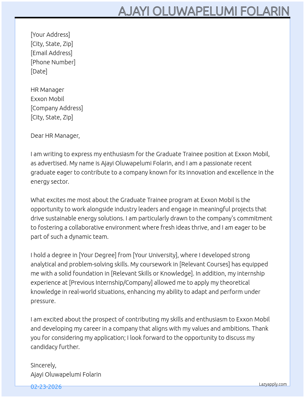 Cover letter for graduate trainee - LazyApply