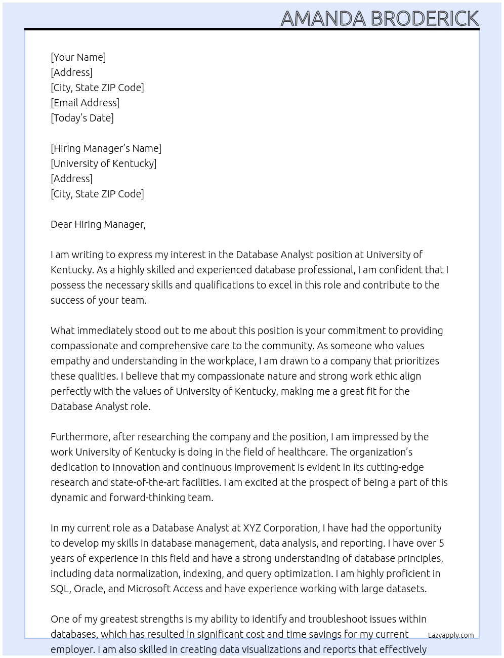 Database Analyst At University of Kentucky Cover Letter