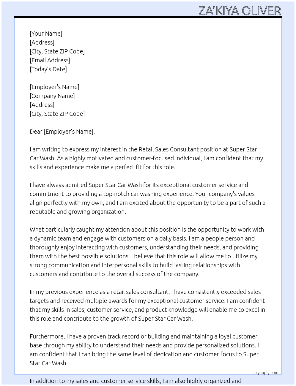 Retail Sales Consultant At Super Star Car Wash Cover Letter