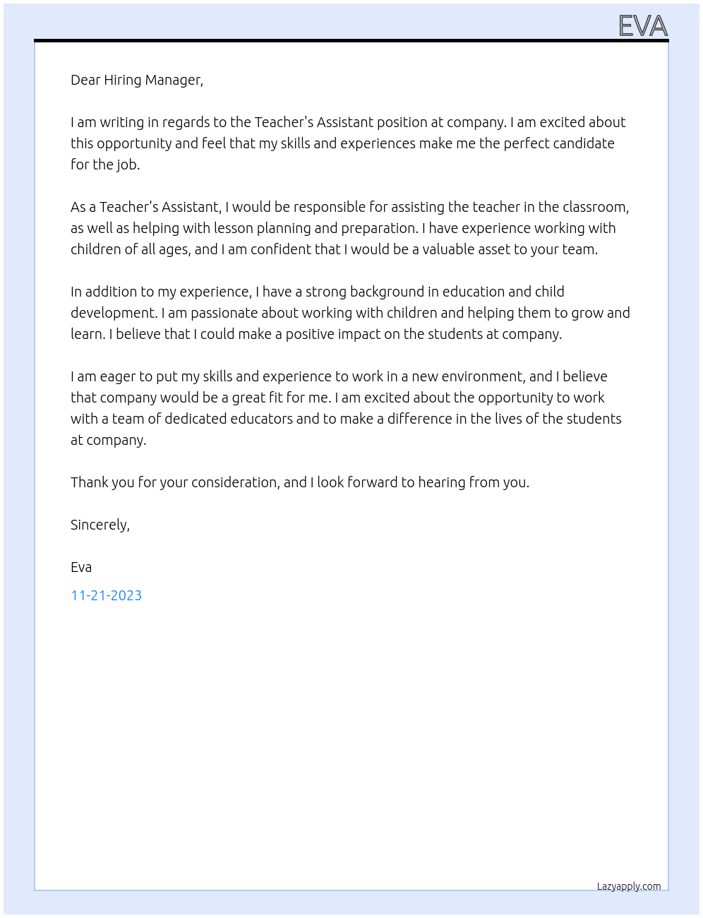 Teacher's assistant At company Cover Letter