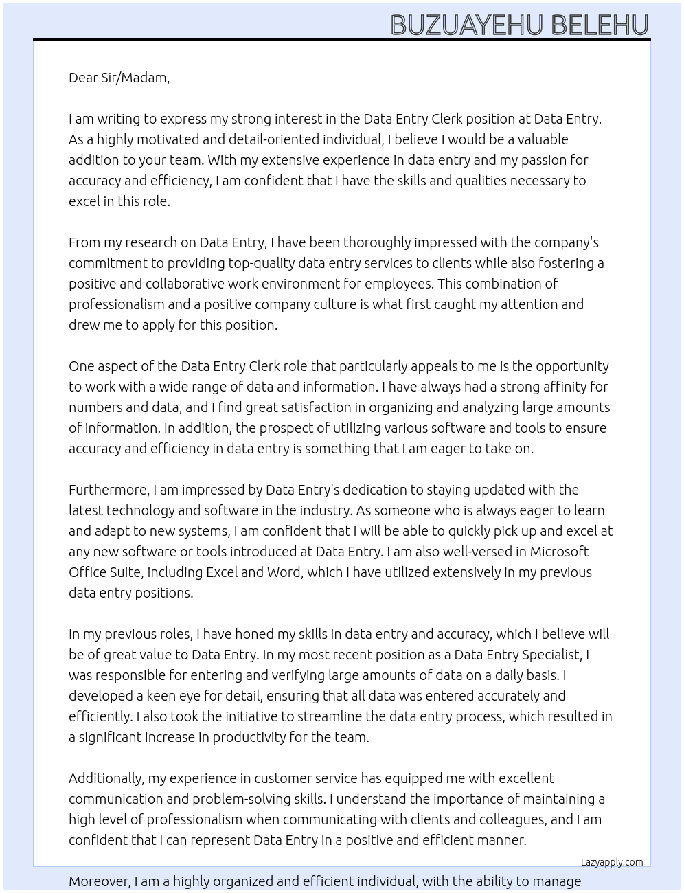 Data Entry Clerk At Data Entry Cover Letter