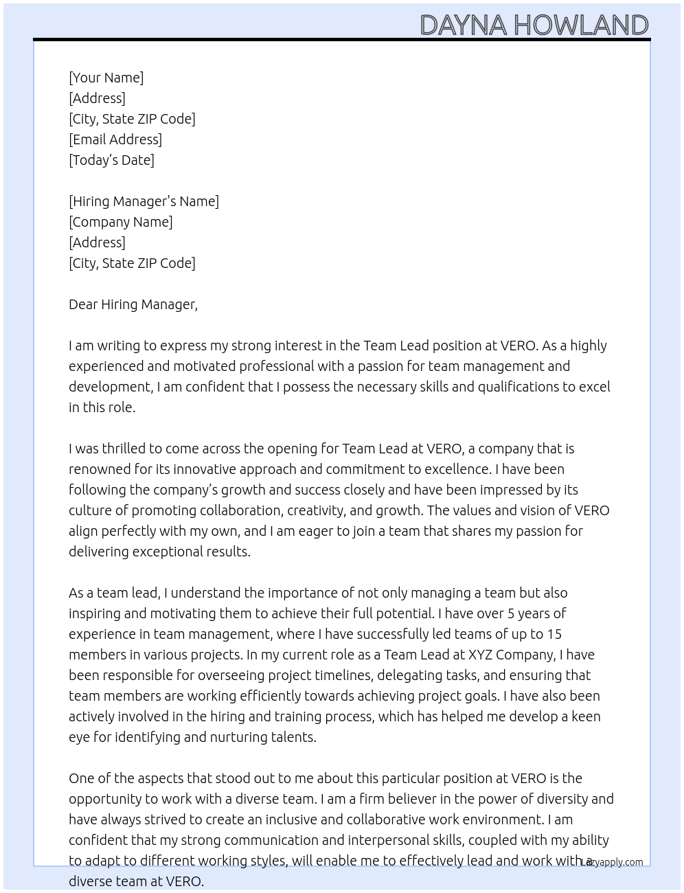 Team Lead At VERO Cover Letter