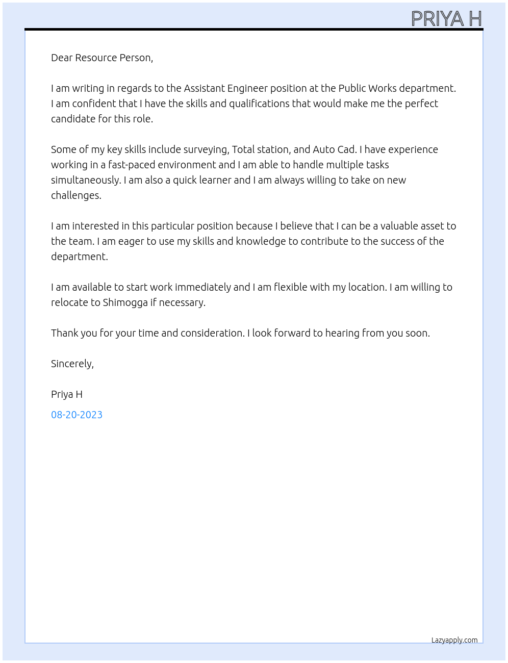 Assistant Engineer At Public Works department Cover Letter