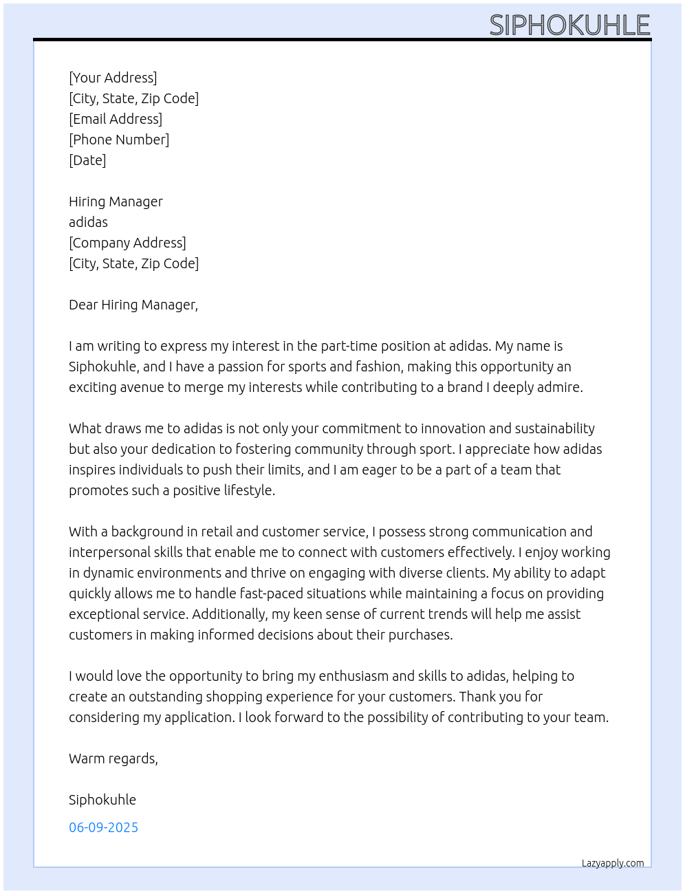 part-timer At adidas Cover Letter