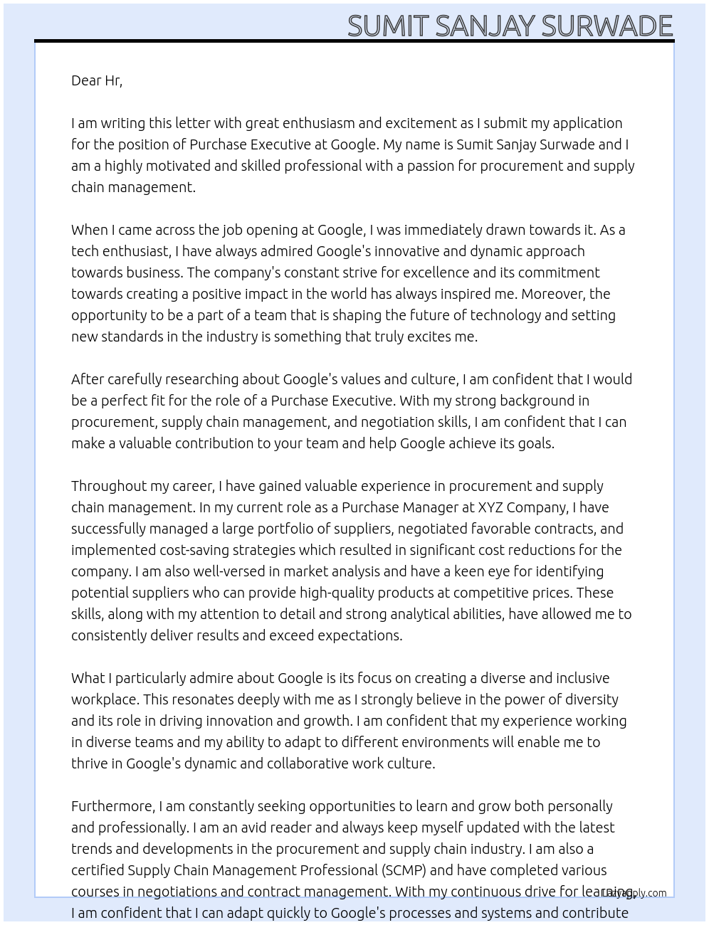 Purchase executive At Google Cover Letter