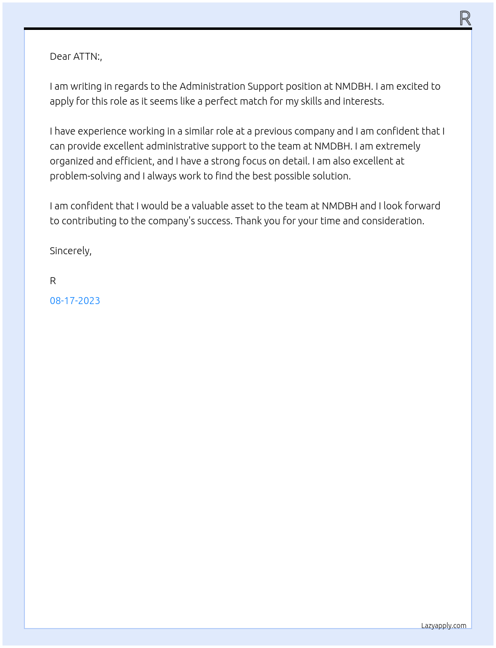 Administration Support At NMDBH Cover Letter