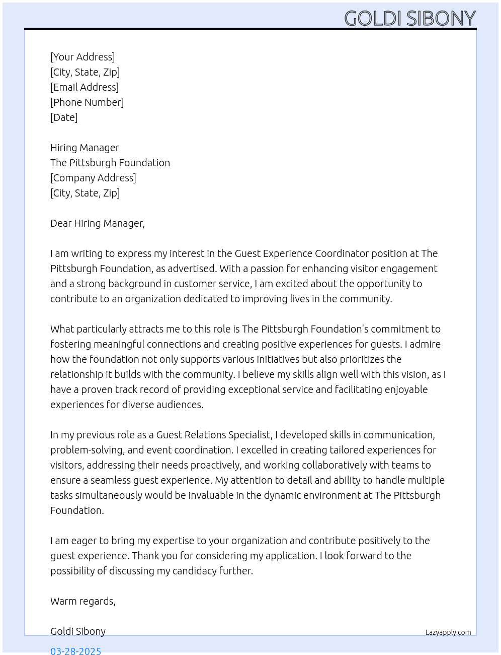 Guest Experience Coordinator At The Pittsburgh Foundation Cover Letter