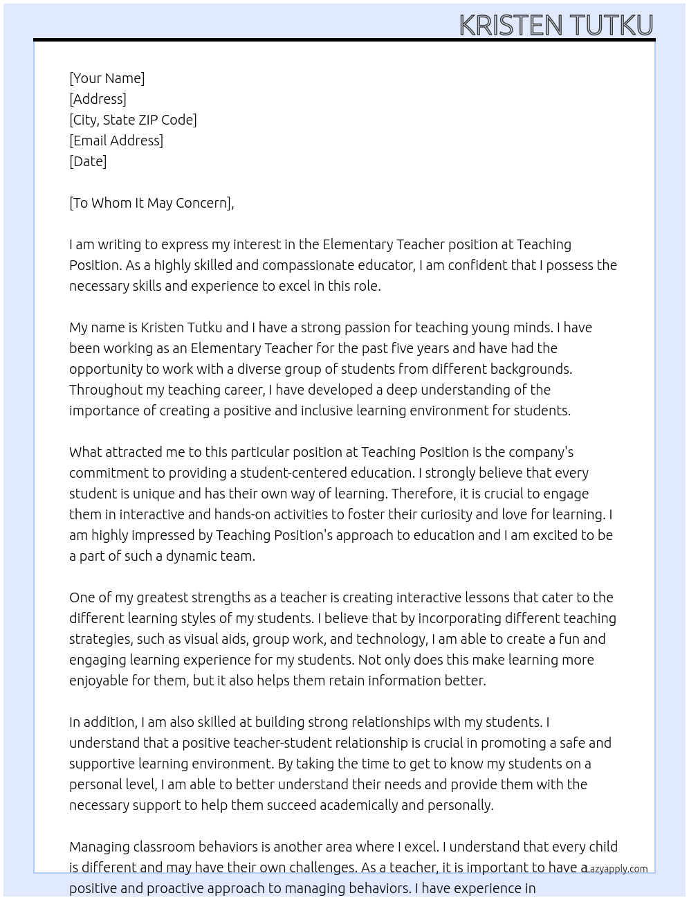 Elementary Teacher At Teaching Position Cover Letter
