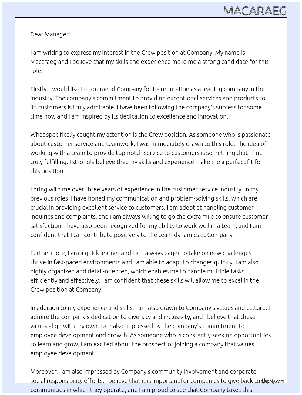 Crew At Company Cover Letter