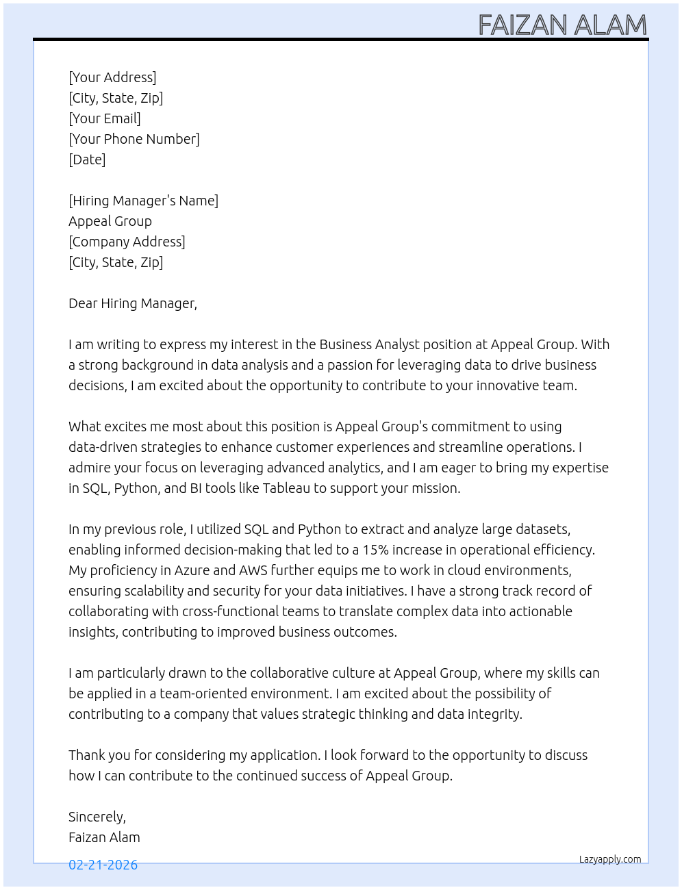 business analyst At Appeal group Cover Letter