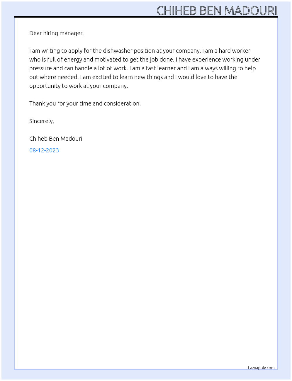 Dishwasher At . Cover Letter
