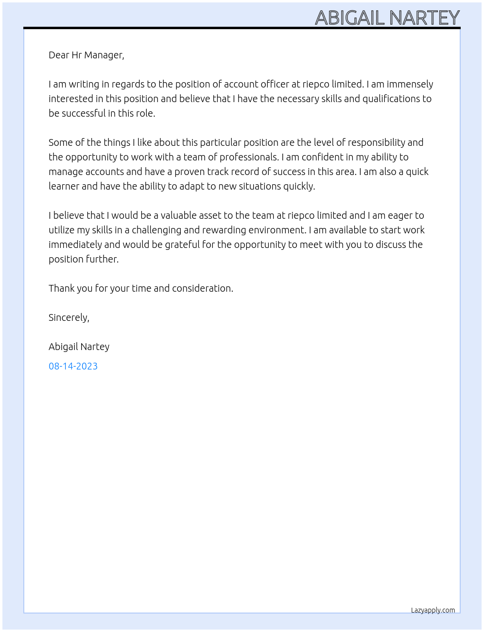 account officer At riepco limited Cover Letter