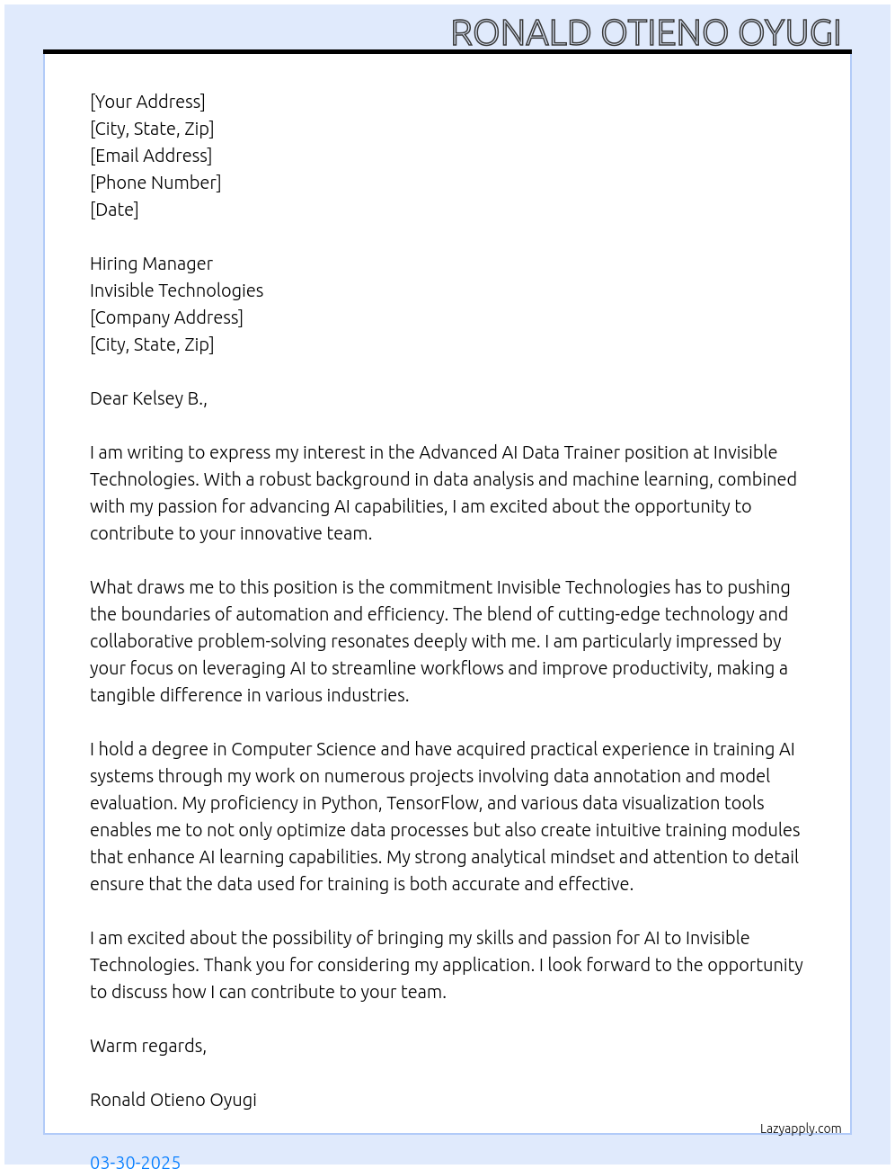 Advanced AI Data Trainer position At Invisible technologies Cover Letter