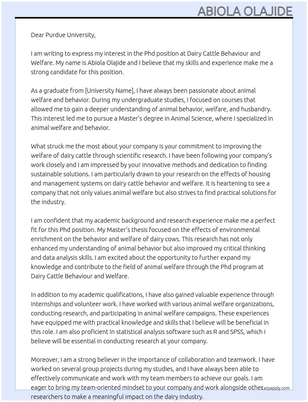 Phd At dairy cattle behaviour and welfare Cover Letter