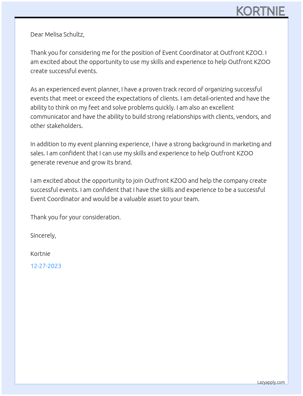 Event Coordinator At Outfront KZOO Cover Letter