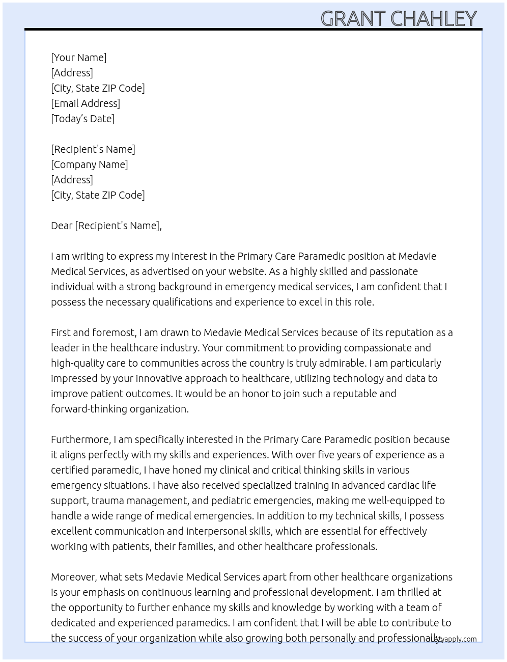 Primary care paramedic  At Medavie medical services  Cover Letter