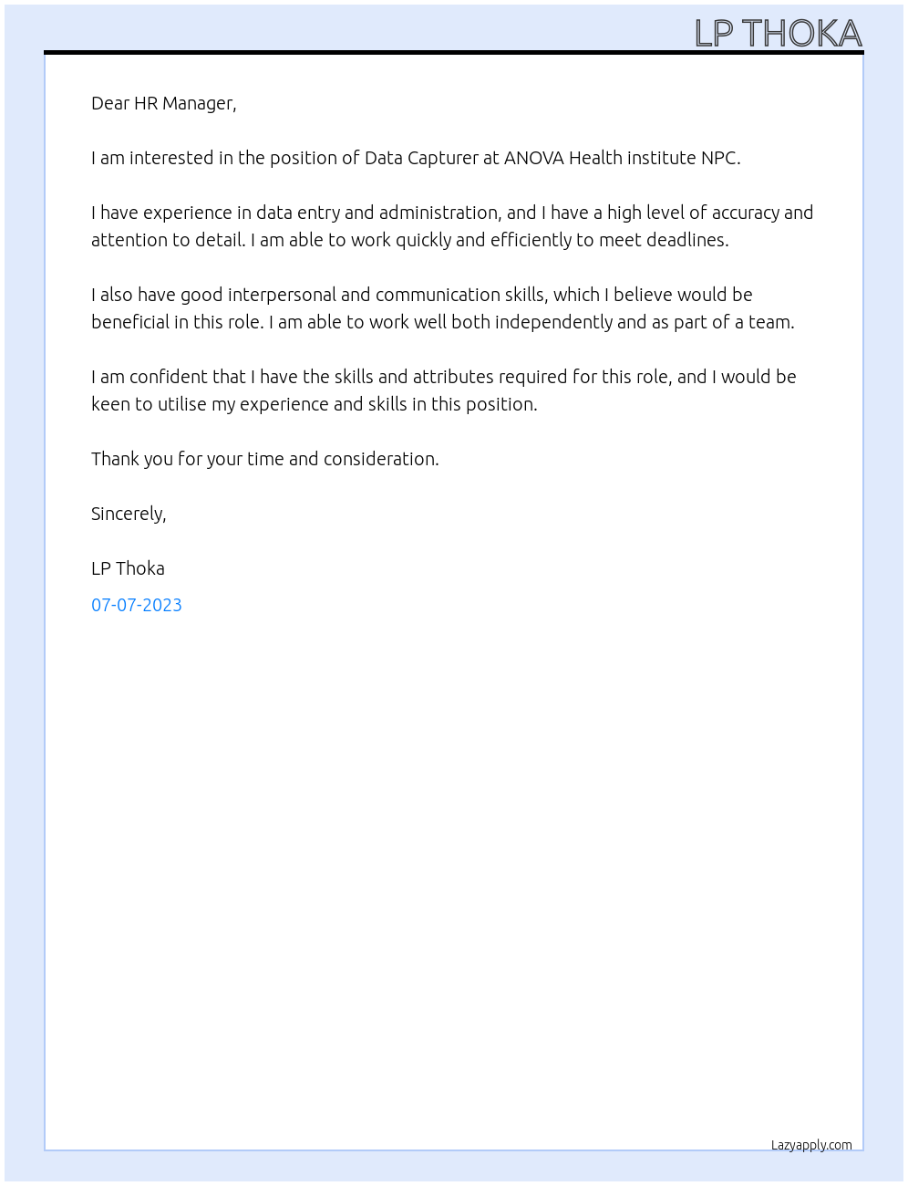 Data Capturer At ANOVA Health institute NPC Cover Letter