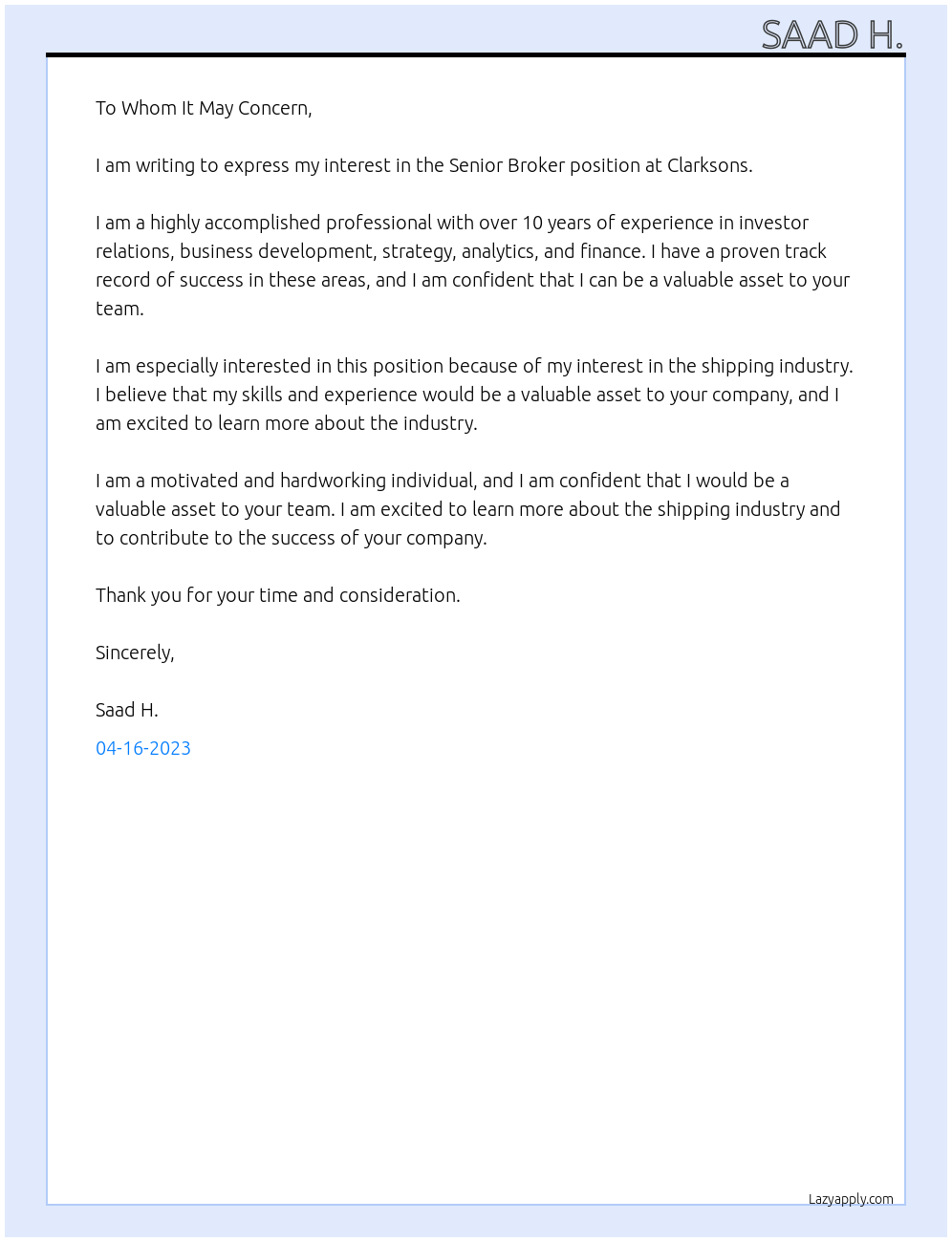 Ship Broker At clarksons Cover Letter