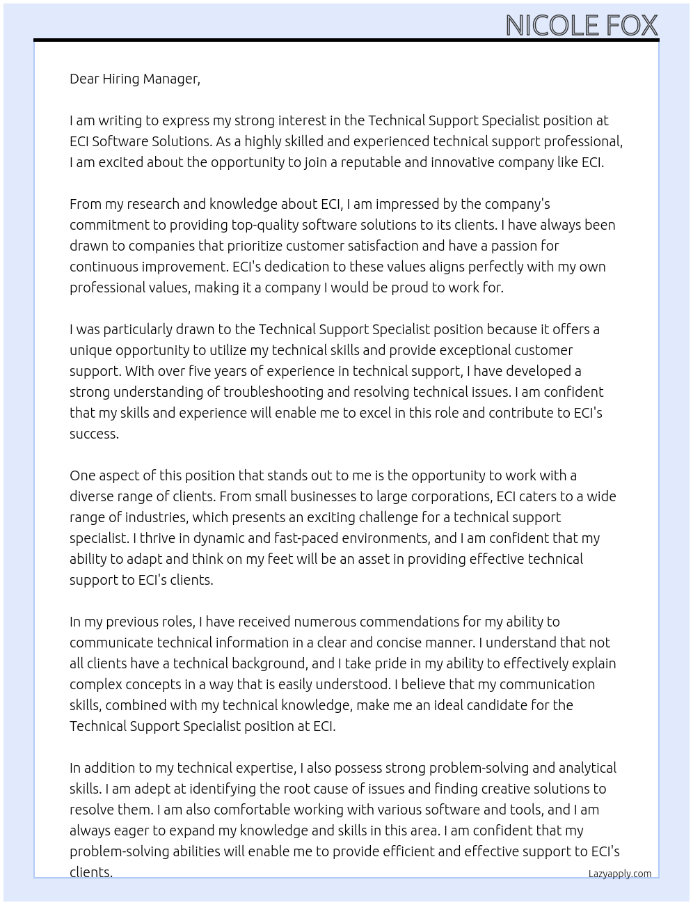 Technical Support Specialist At ECI Software Solutions Cover Letter