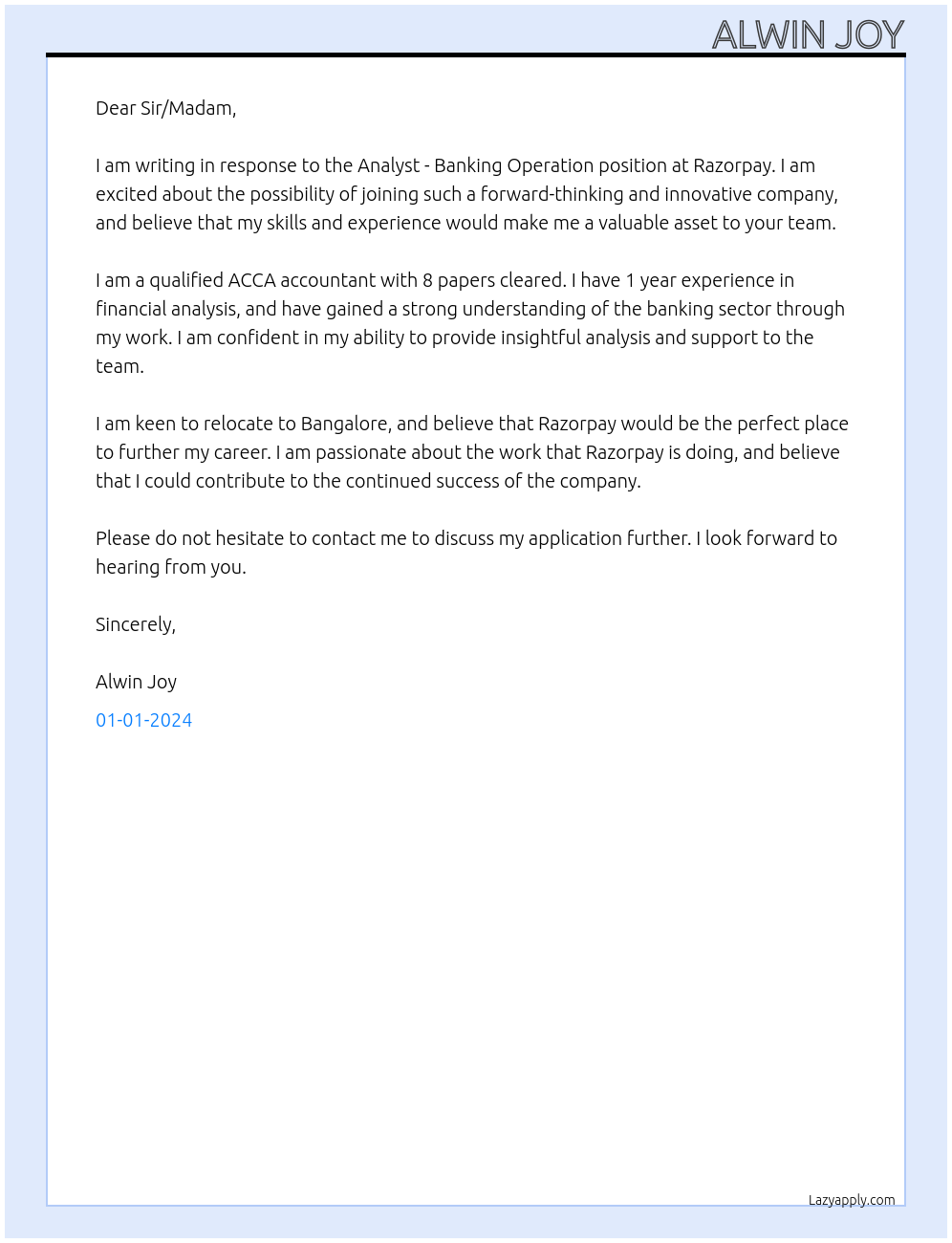 Analyst - Banking Operation At Razorpay Cover Letter