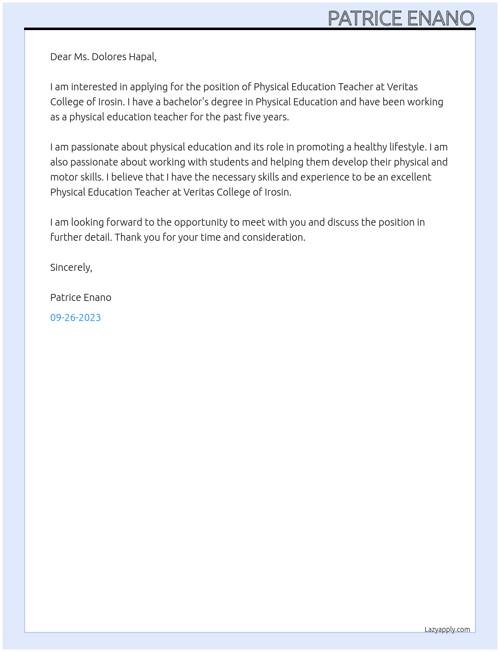 Physical Education Teacher At Veritas College of Irosin Cover Letter