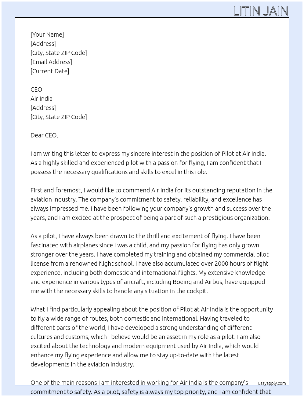 Pilot At Air India Cover Letter