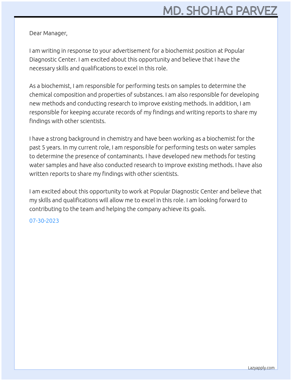 biochemist At popular diagnostic center Cover Letter