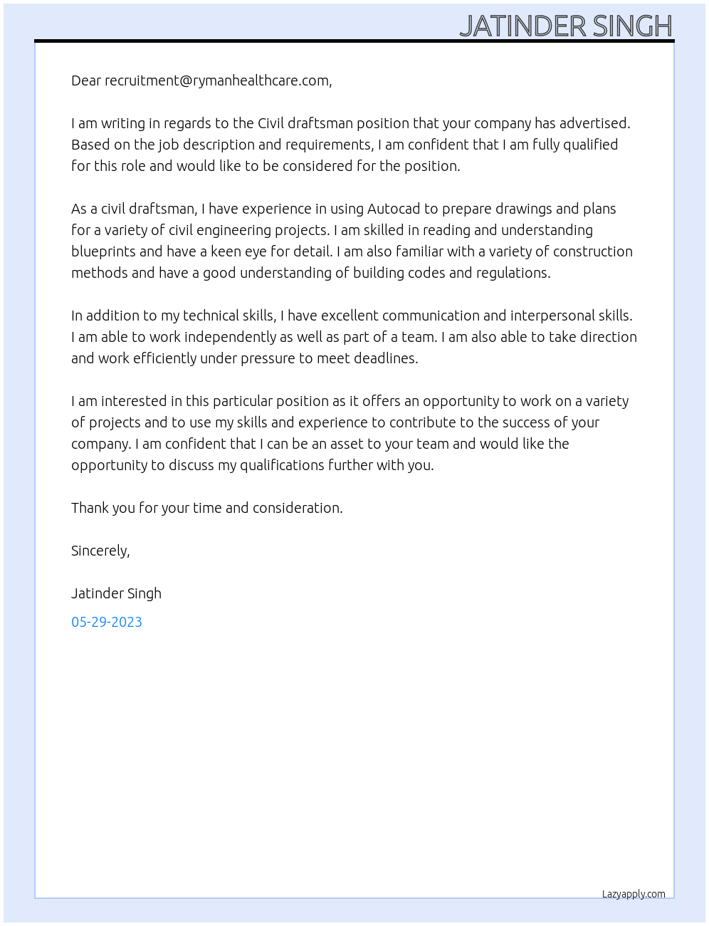 Civil draftsman At Ryman Healthcare Cover Letter