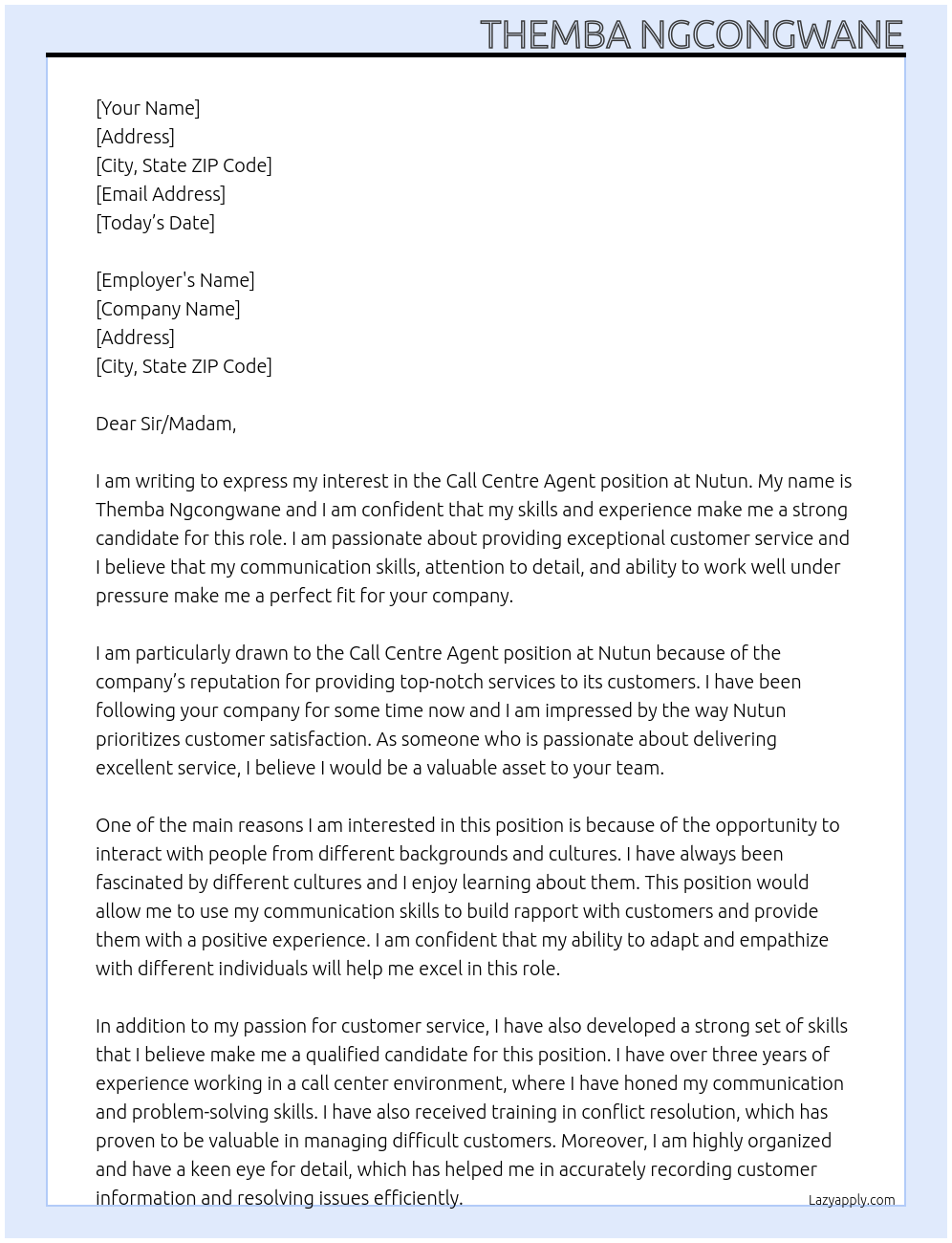 Call Centre Agent At Nutun Cover Letter