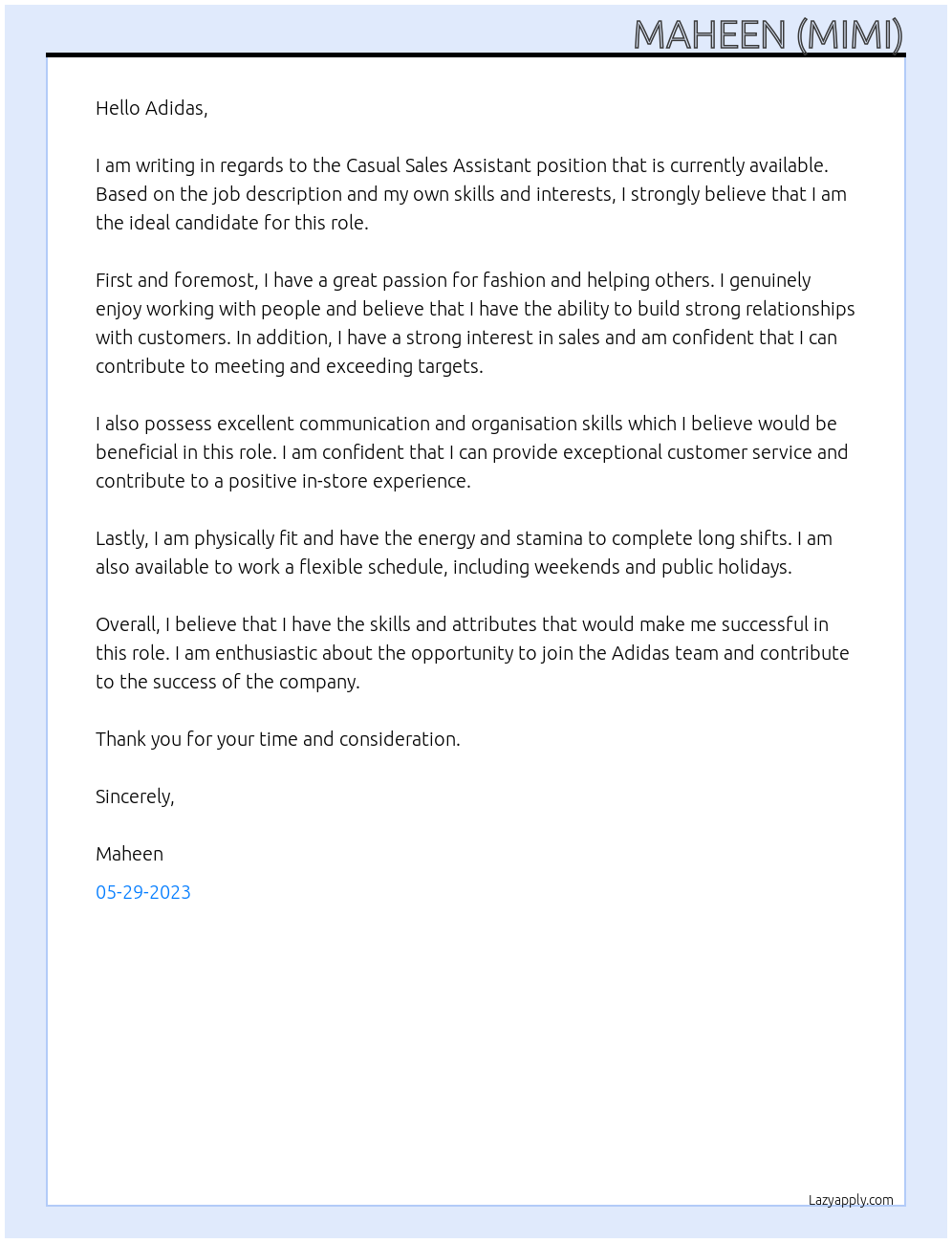 Casual Sales Assistant At Adidas Cover Letter