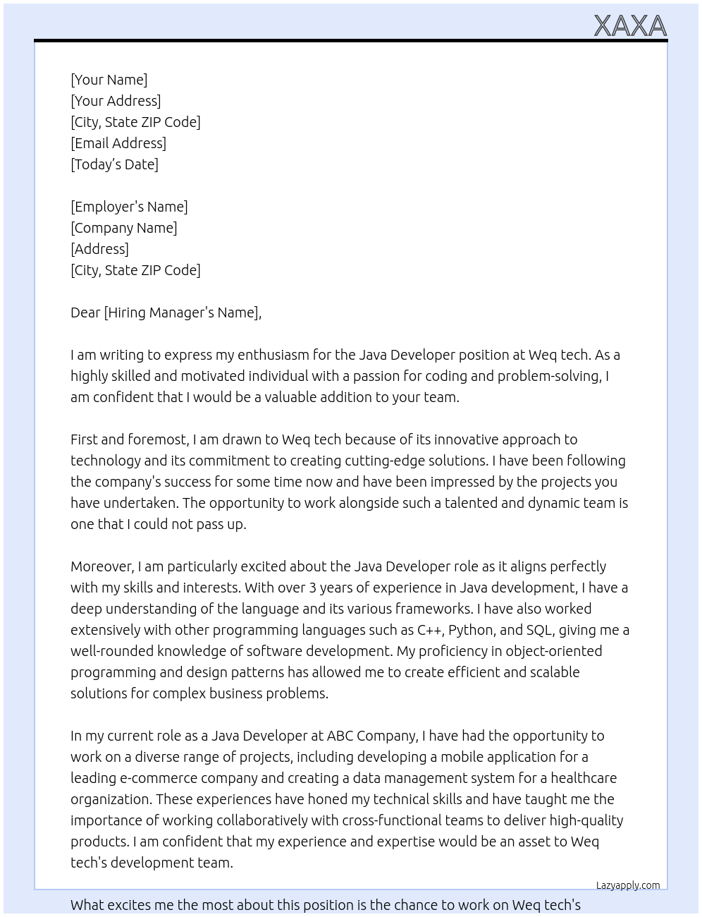 Java Developer At Weq tech Cover Letter