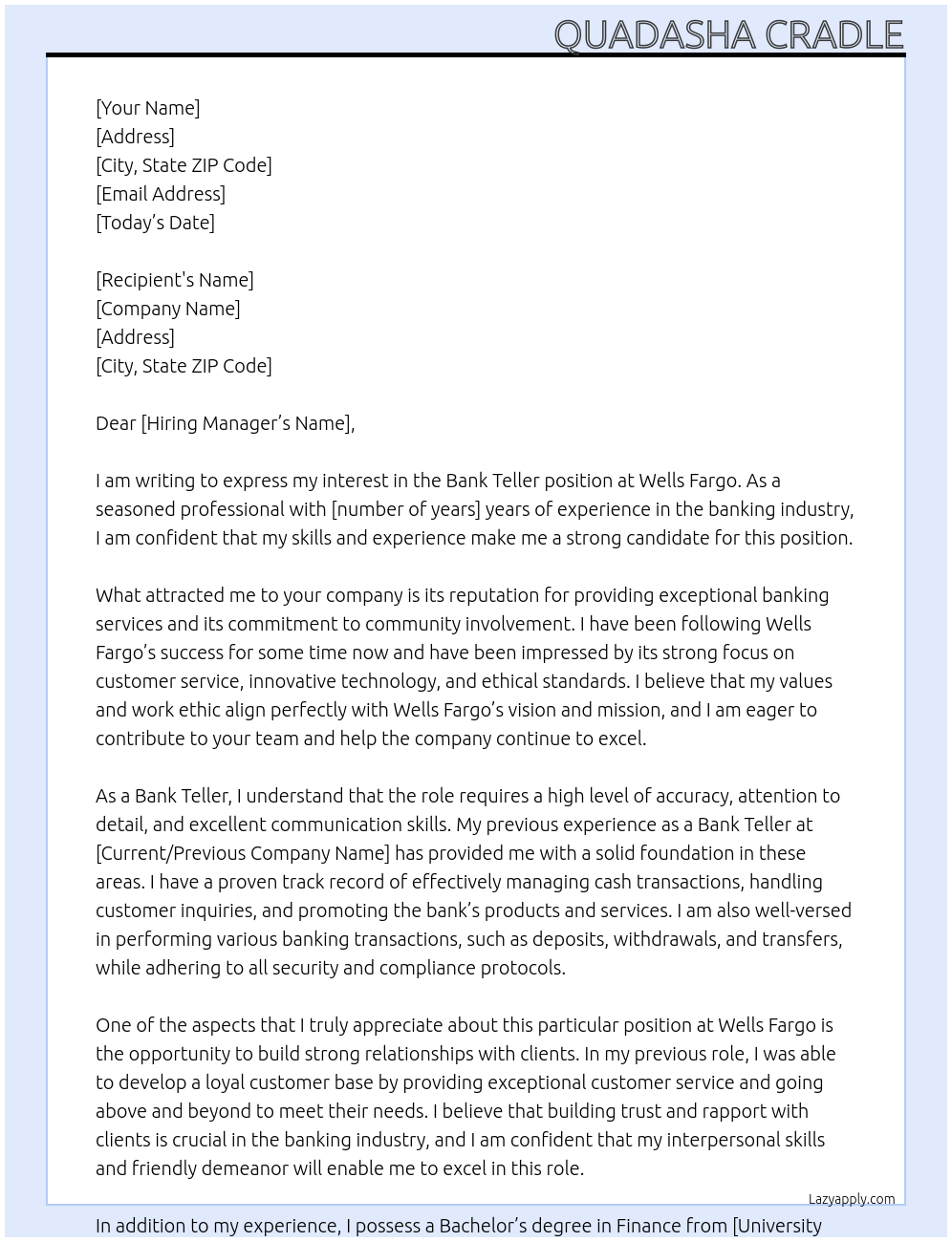 Bank Teller At Wells Fargo Cover Letter