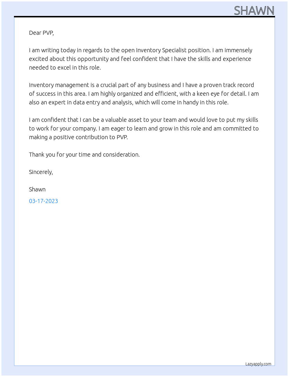 Inventory Specialist At PVP Cover Letter