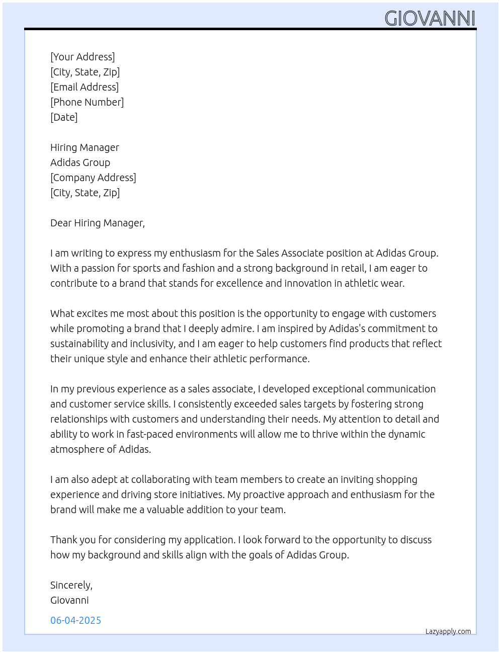 Sales Associate At Adidas Group Cover Letter
