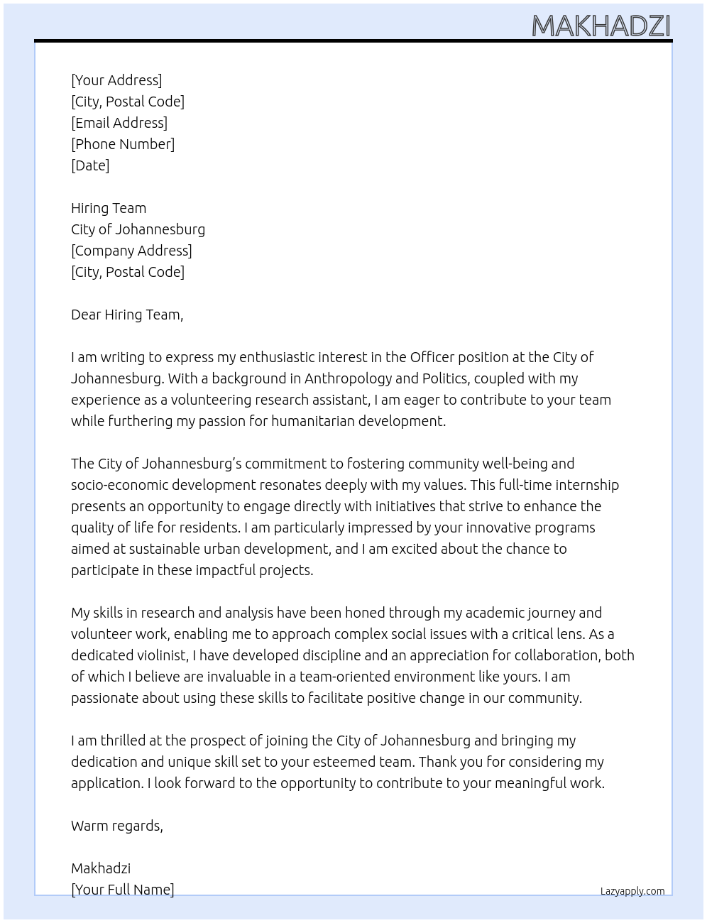 Officer At City of Johannesburg Cover Letter