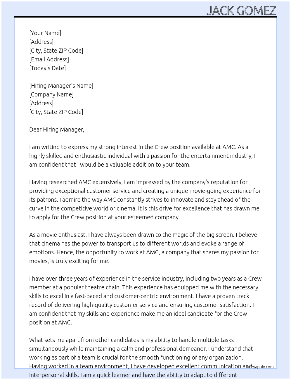 Crew At AMC Cover Letter