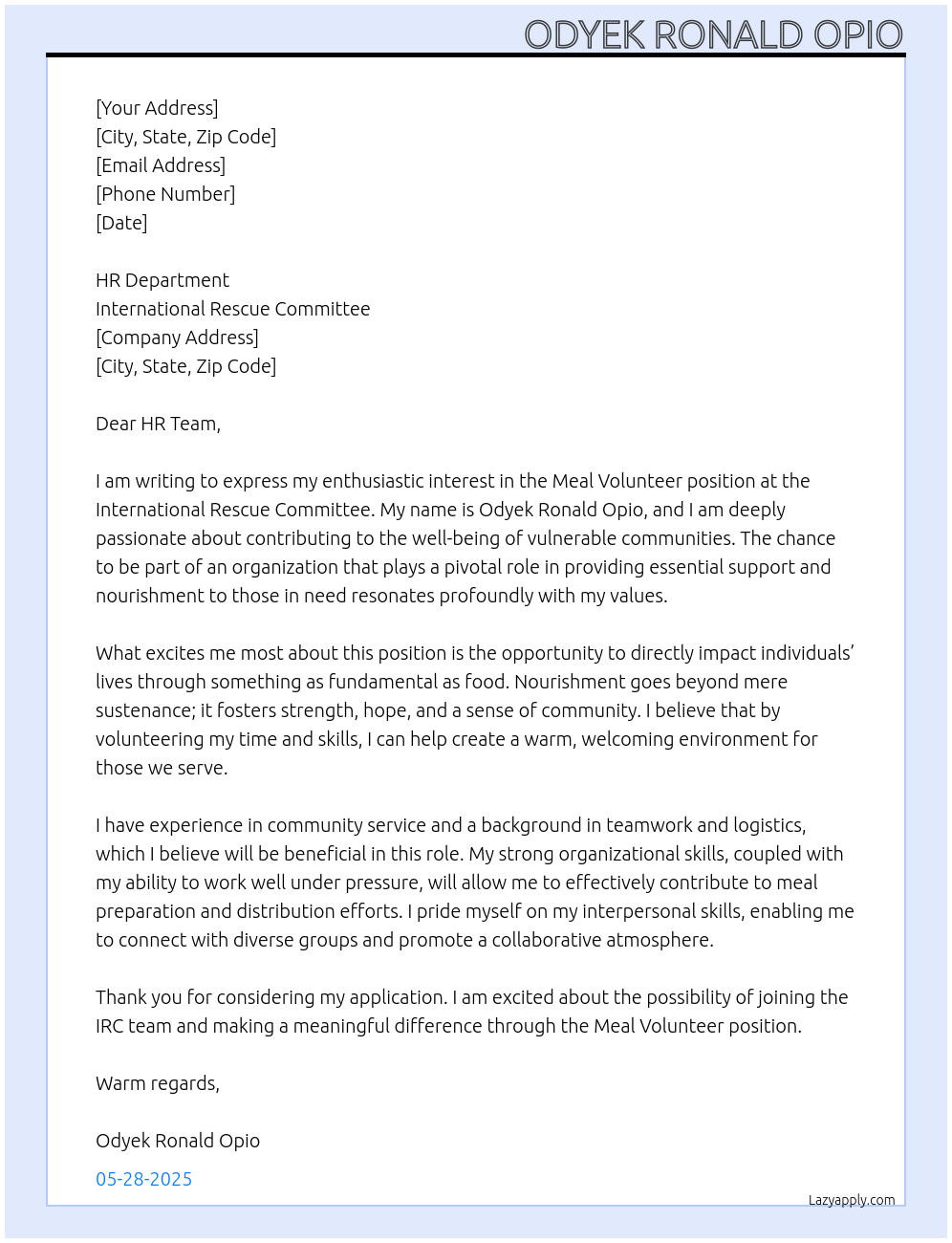 Meal volunteer At International rescue committee Cover Letter