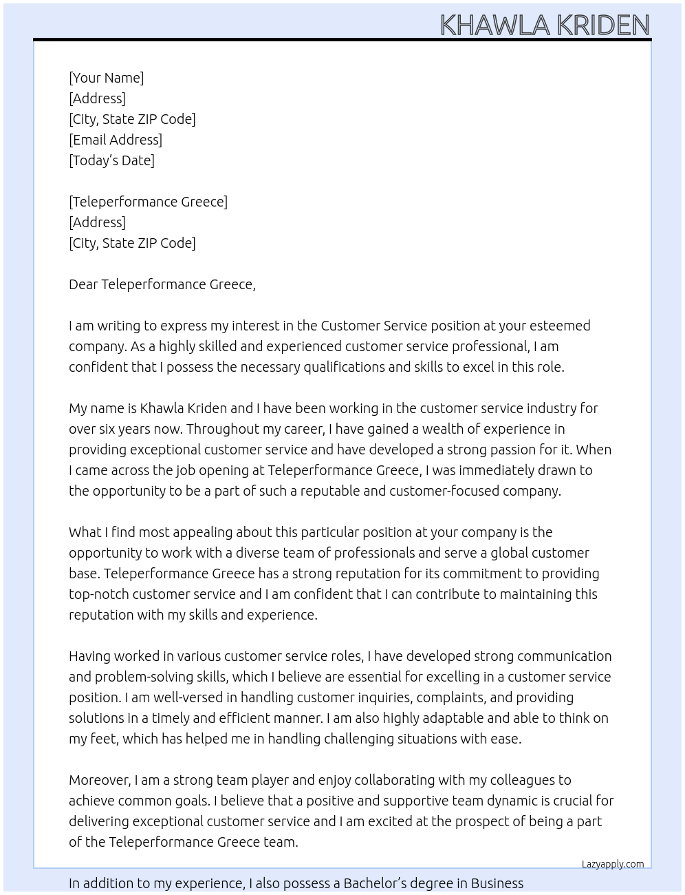 costumer service At teleperformance greece Cover Letter