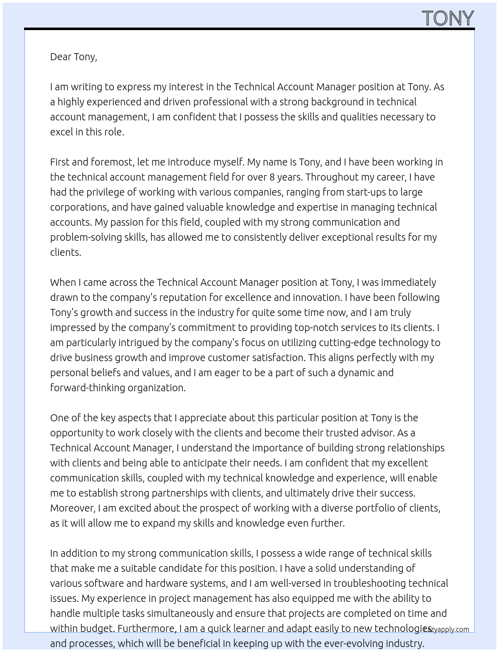 Technical Account Manager At tony Cover Letter