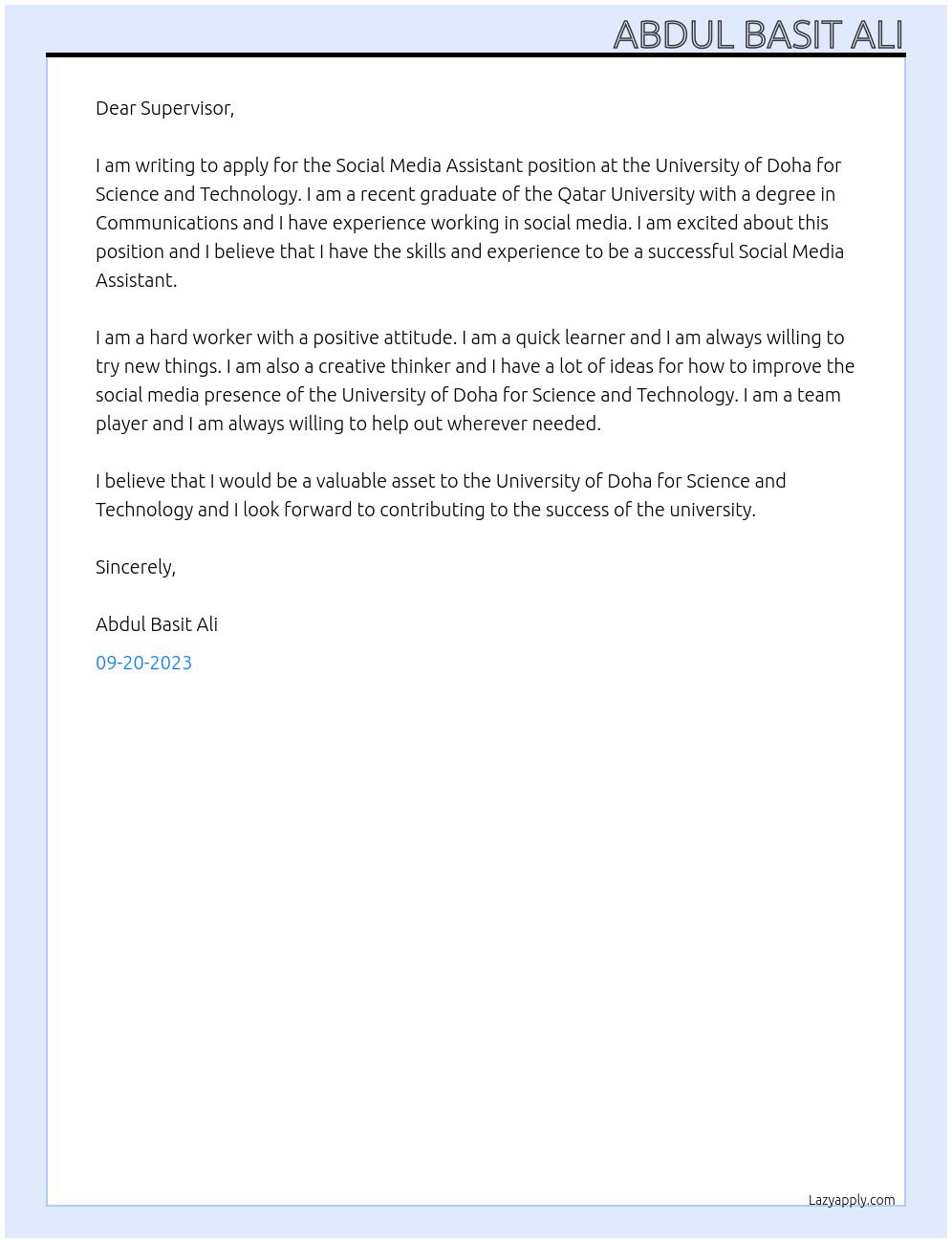 Social media assistant At University of Doha for Science and Technology Cover Letter