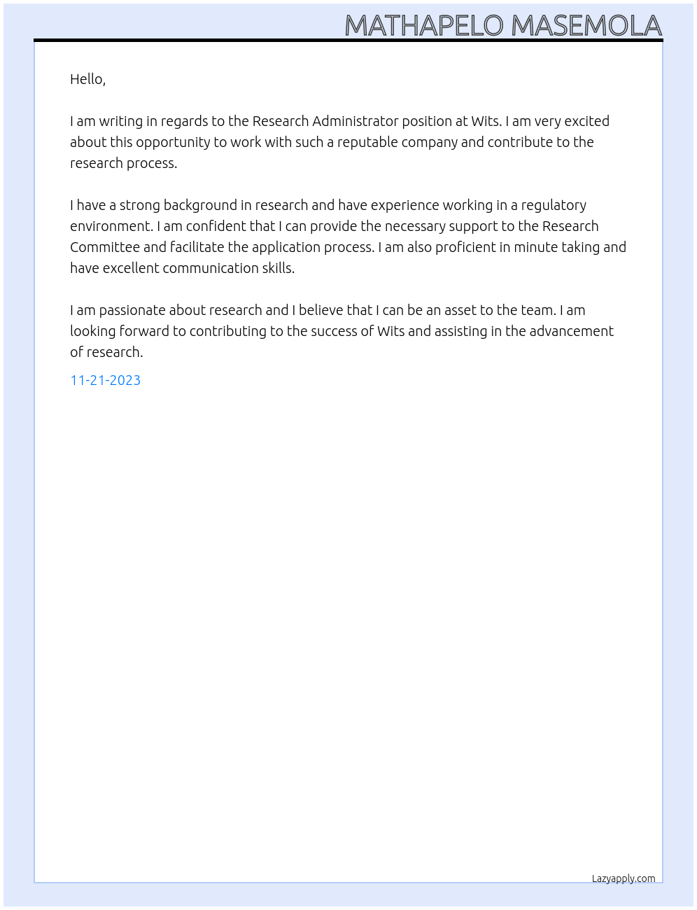 Research Administrator At Wits Cover Letter