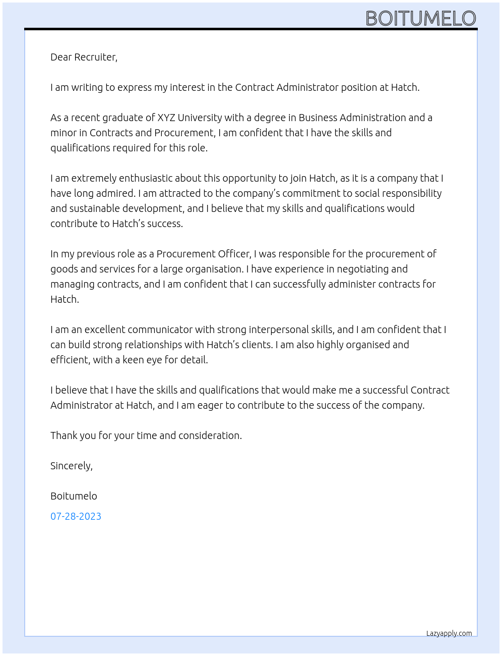 Contract Administrator At Hatch Cover Letter