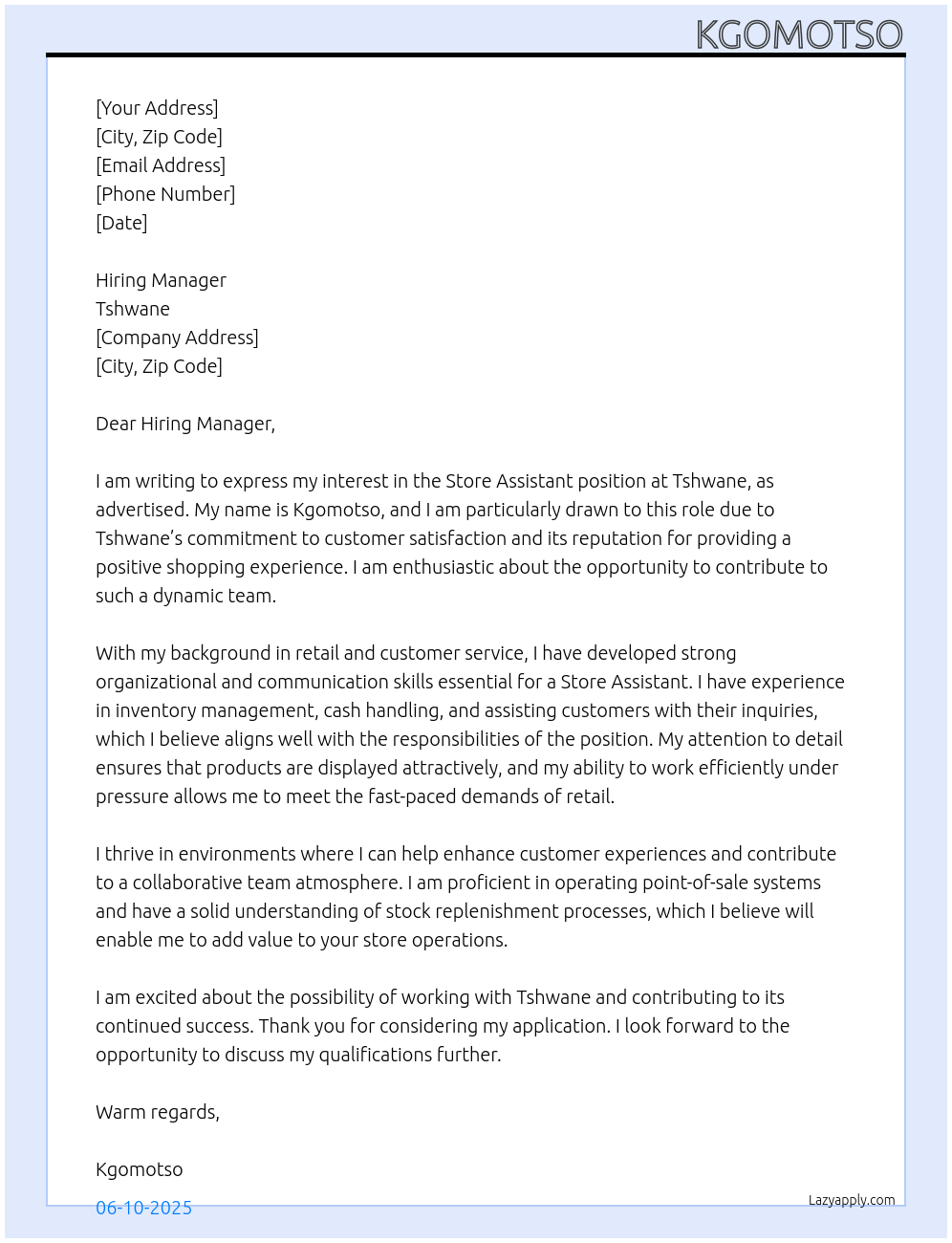 Store Assistant At Tshwane Cover Letter