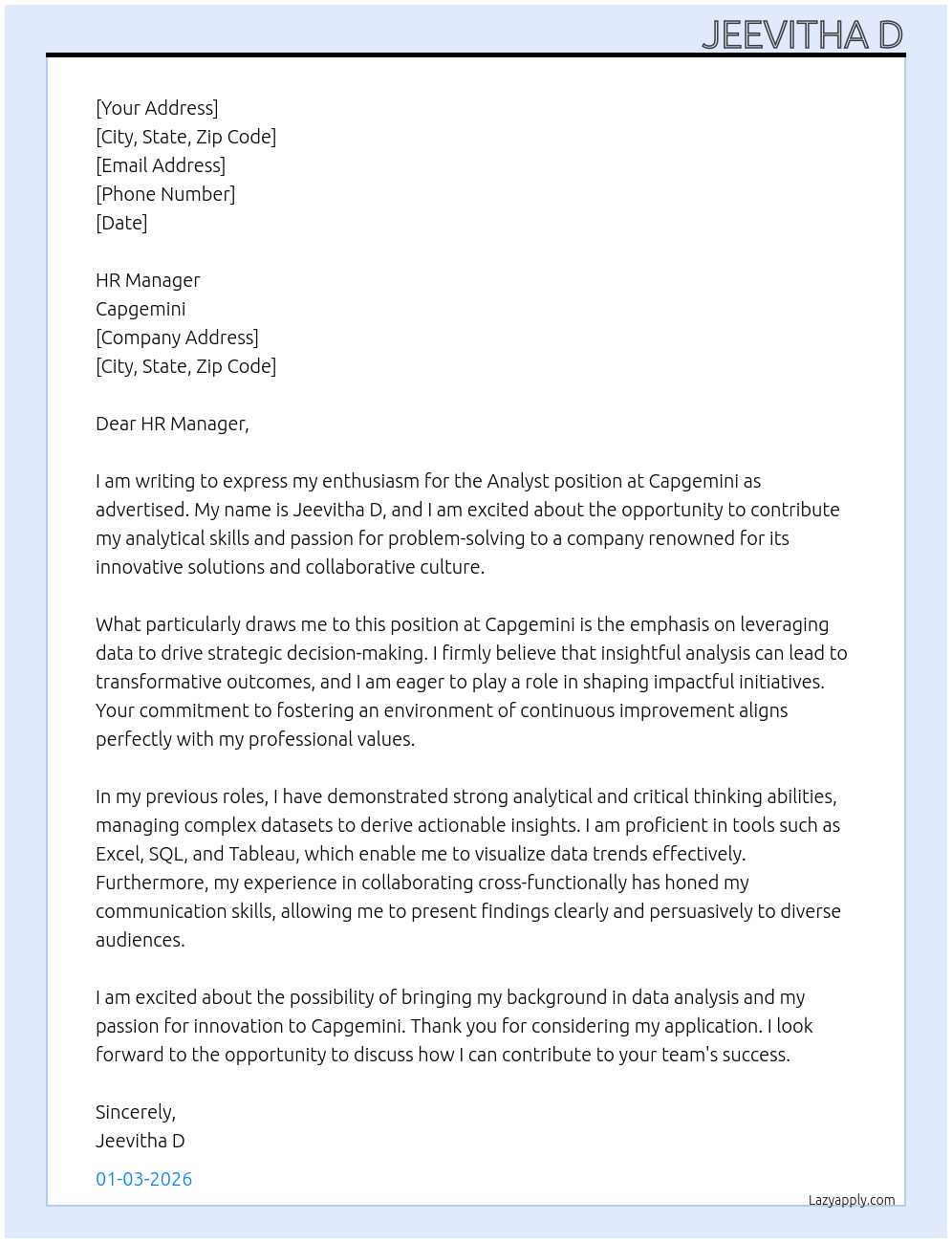 Analyst At Capgemini Cover Letter