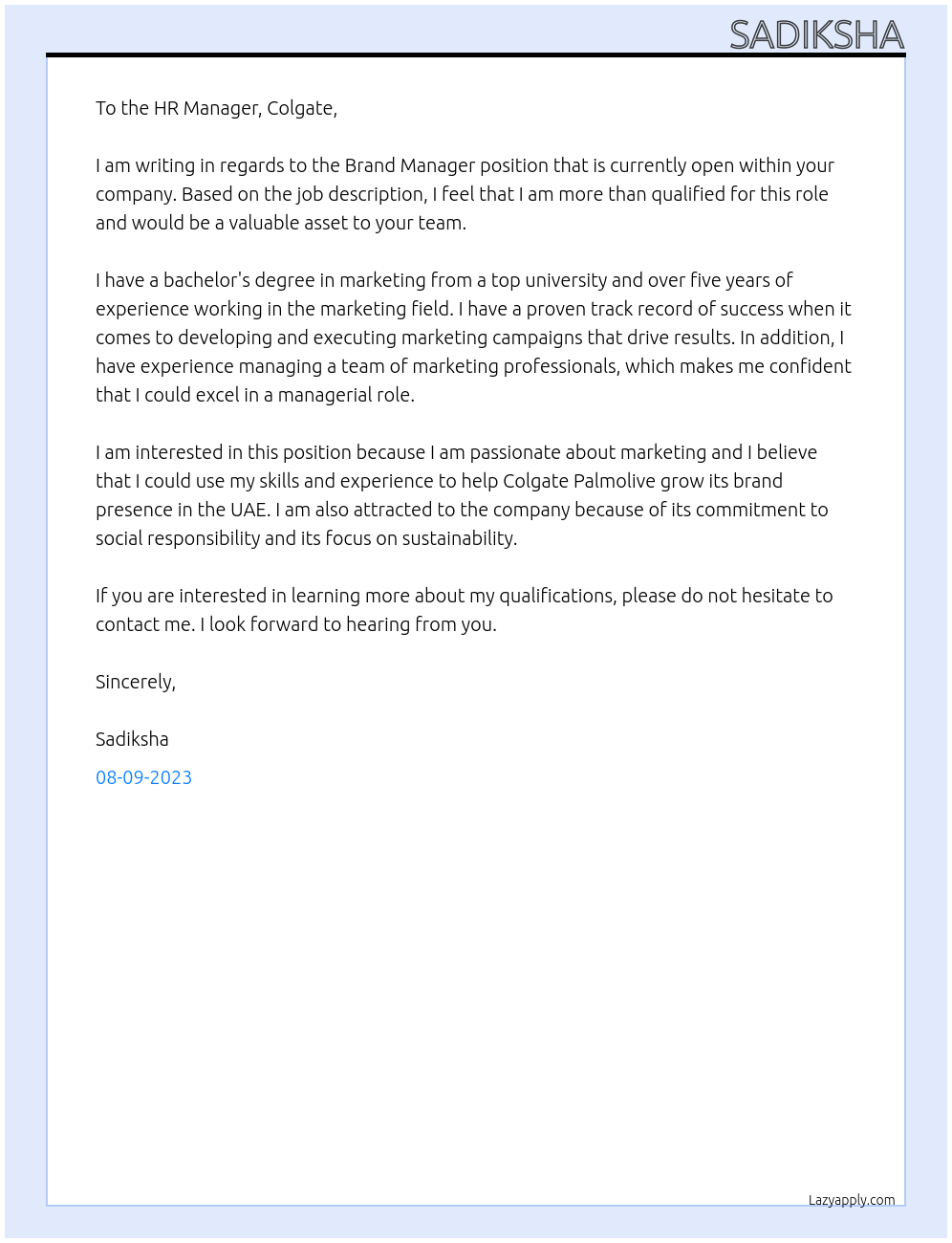 Brand Manager At Colgate Palmolive Cover Letter
