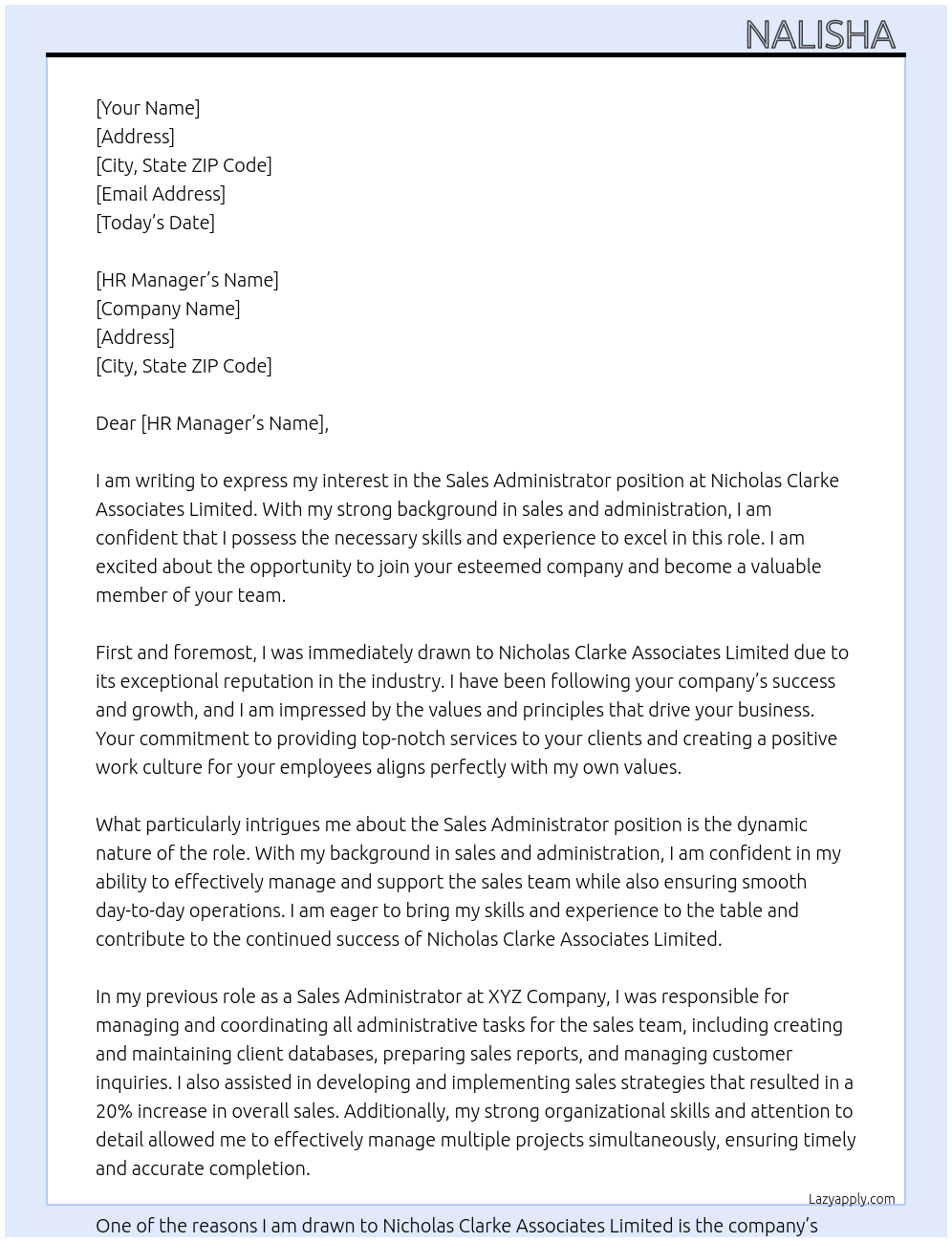 Sales administrator At Nicholas Clarke Associates Limited Cover Letter