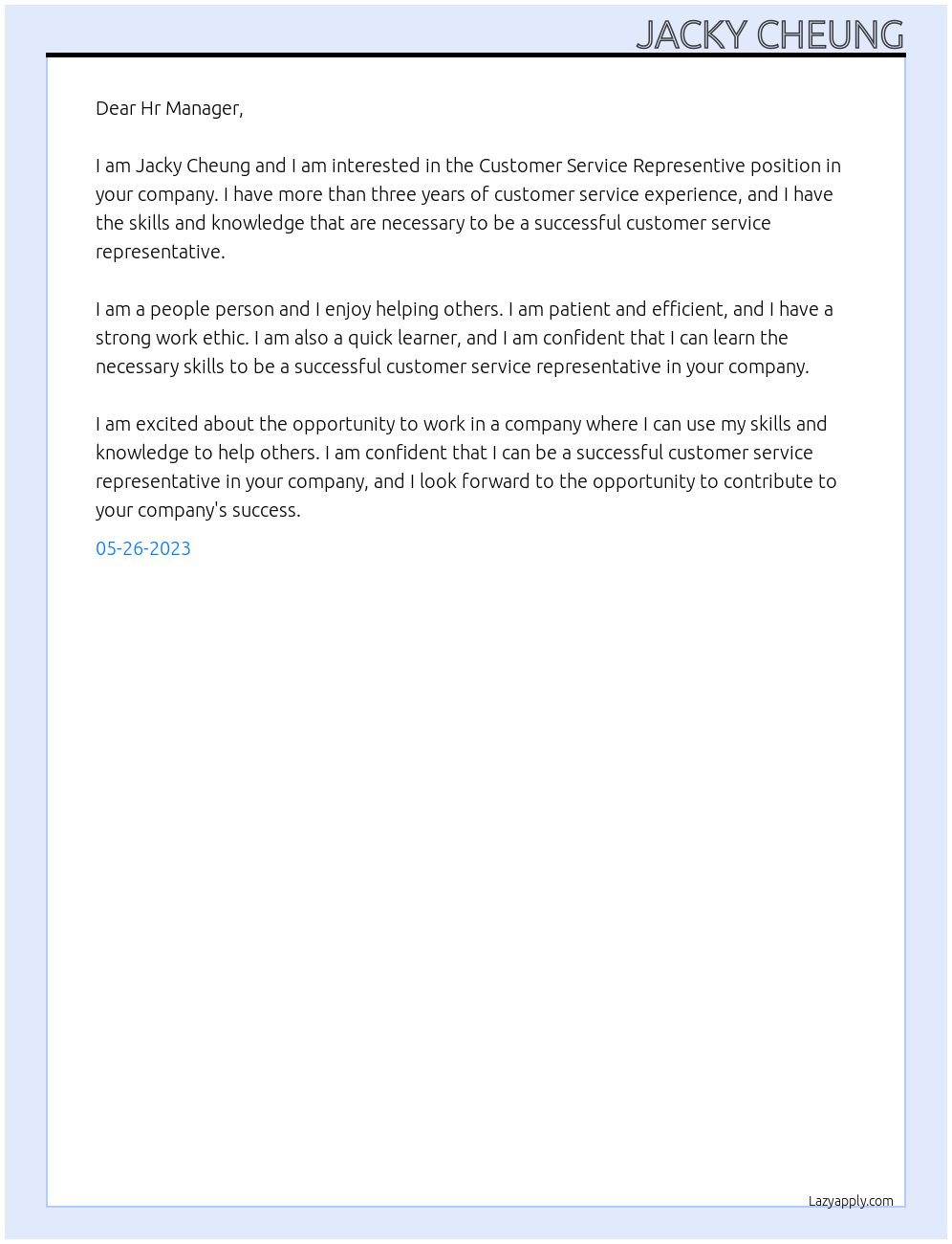 Customer Service Representive At company Cover Letter