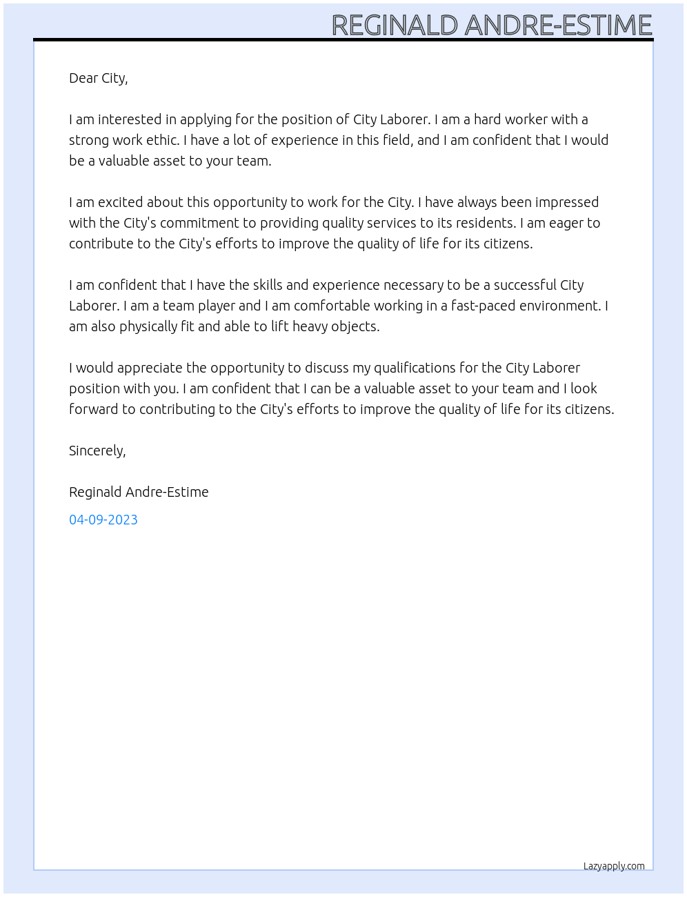 City Laborer At City Cover Letter