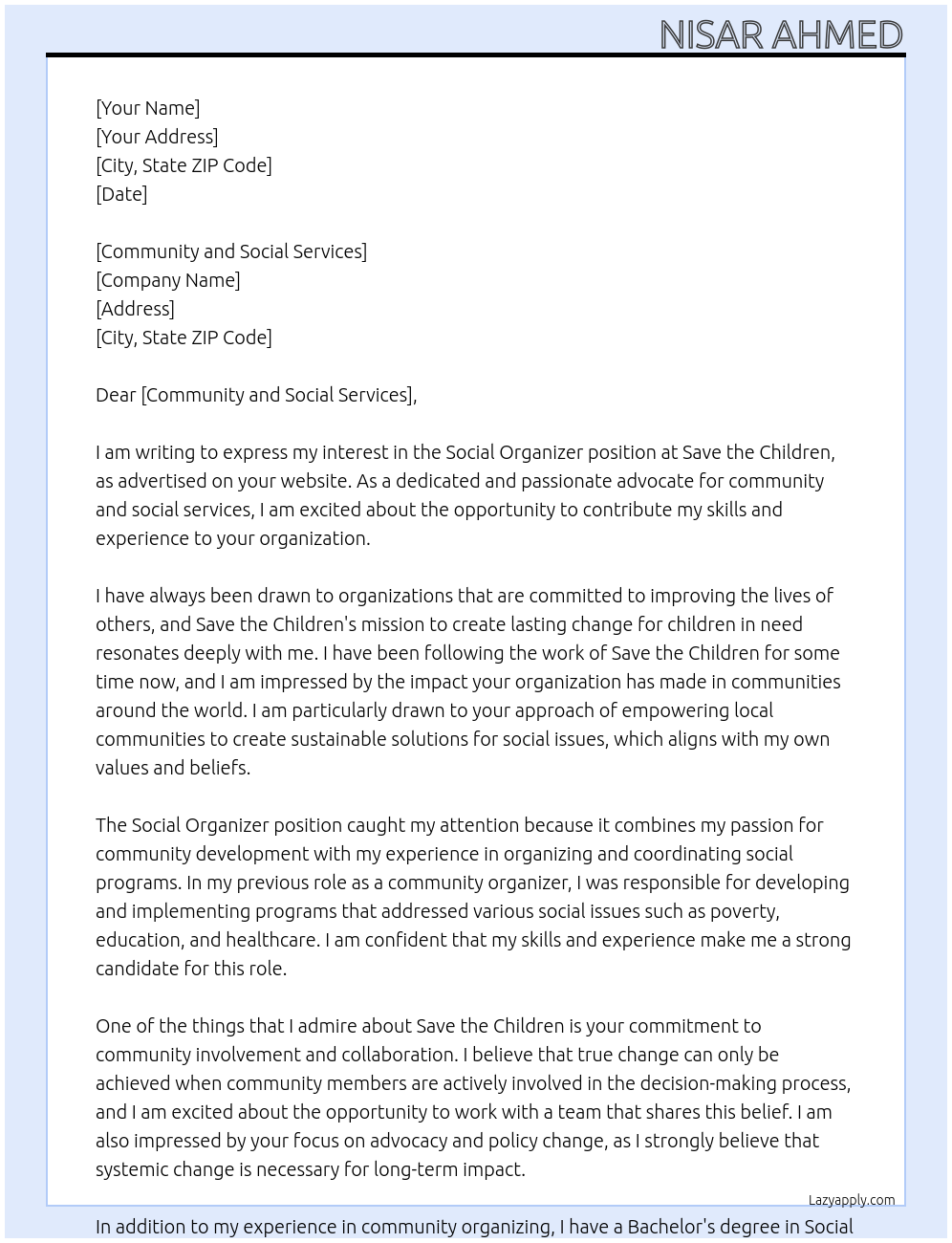 Social organizer At Save the children Cover Letter