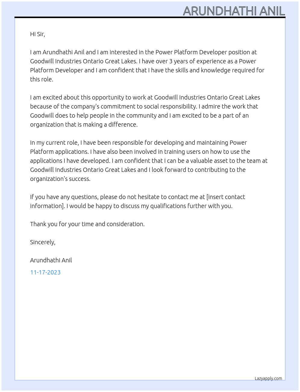 Power Platform Developer At Goodwill Industries Ontario Great Lakes Cover Letter